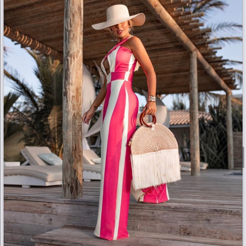 Long pink striped jumpsuit